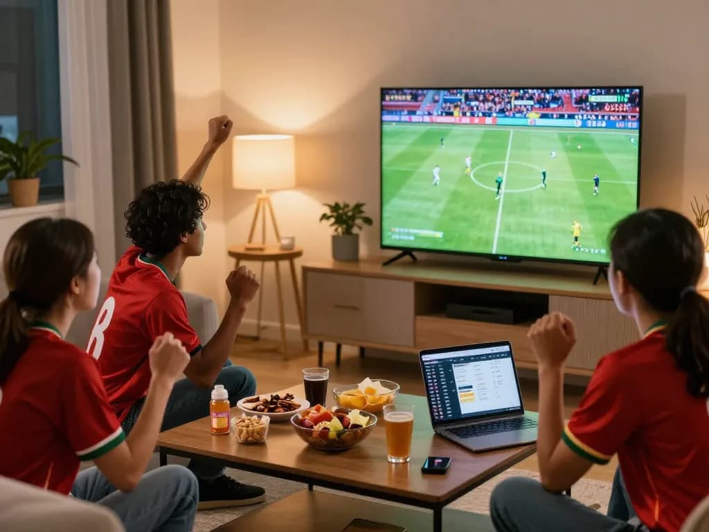 Loyal fans enjoying a live football match through lương sơn tv in a vibrant living room.