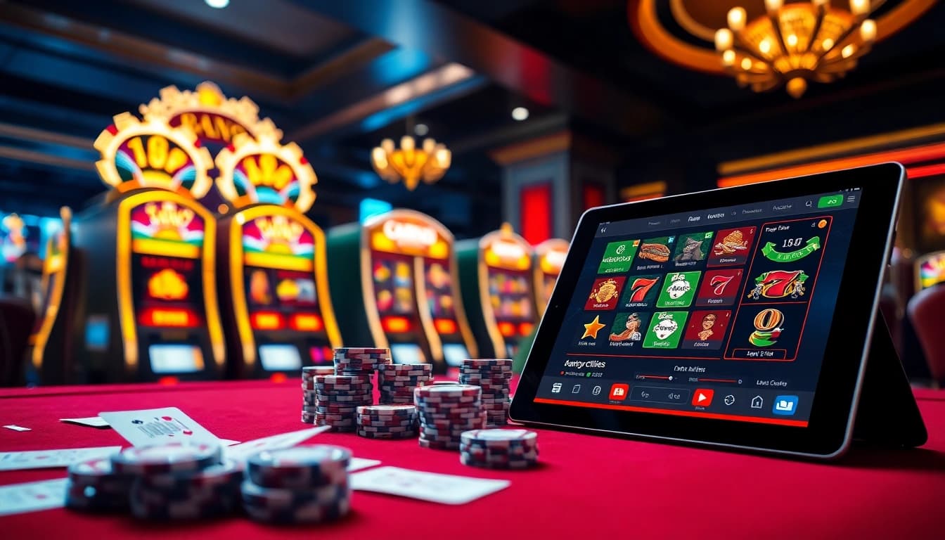 Engaging scene showcasing Daftar Nama Situs Judi Slot Online Terpercaya, featuring vibrant slot machines and stylish gambling elements.