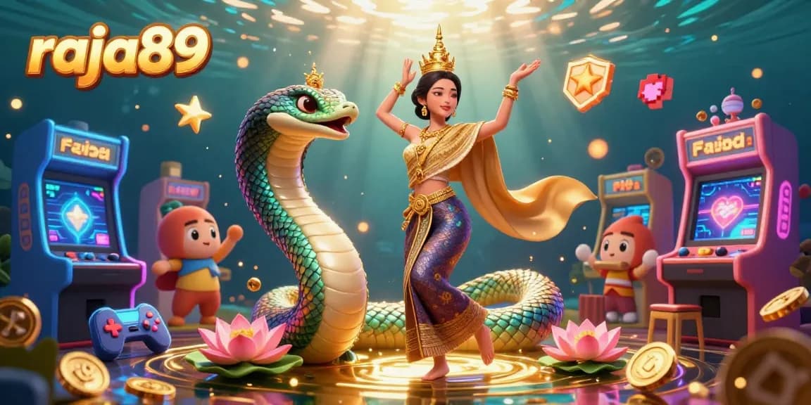 Engage with thrilling games on raja89, featuring a vibrant Thai dancer, Naga serpent, and casino elements.