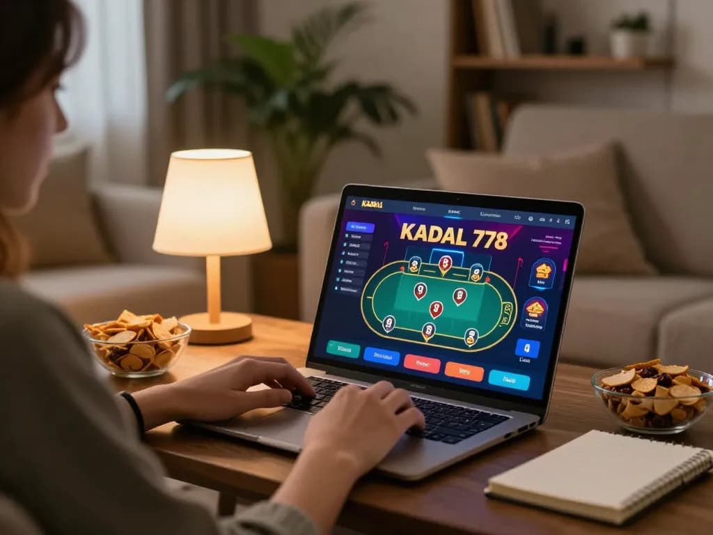 KADAL 778 online casino app showcasing poker gameplay on a laptop in a cozy home setting.