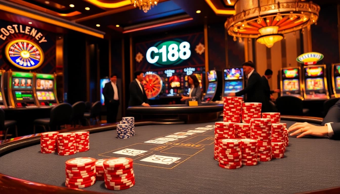 Experience C 168 with players enjoying a thrilling casino atmosphere featuring poker tables and roulette.