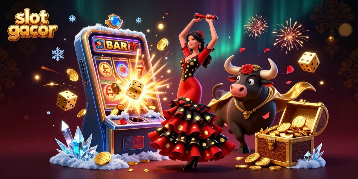 Experience slot gacor excitement with dynamic 3D illustration of a flamenco dancer, a bull, and vegas-style game elements.