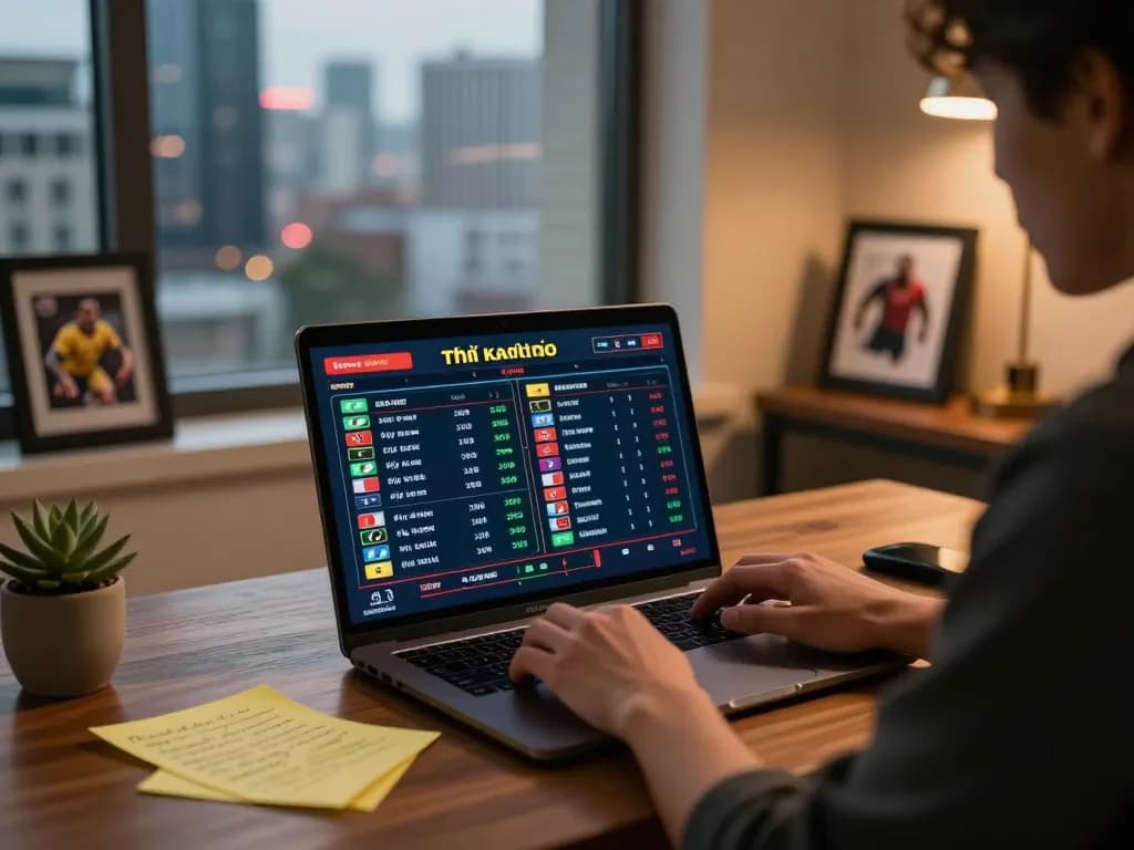 Engaged in analyzing tỷ lệ kèo nhà cái for sports betting on a laptop in a stylish home setup.