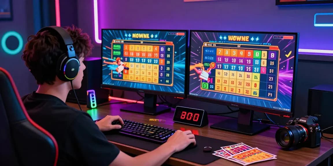 Pemain video game togel online menggunakan rajatogel link dengan antusias di meja gaming modern.