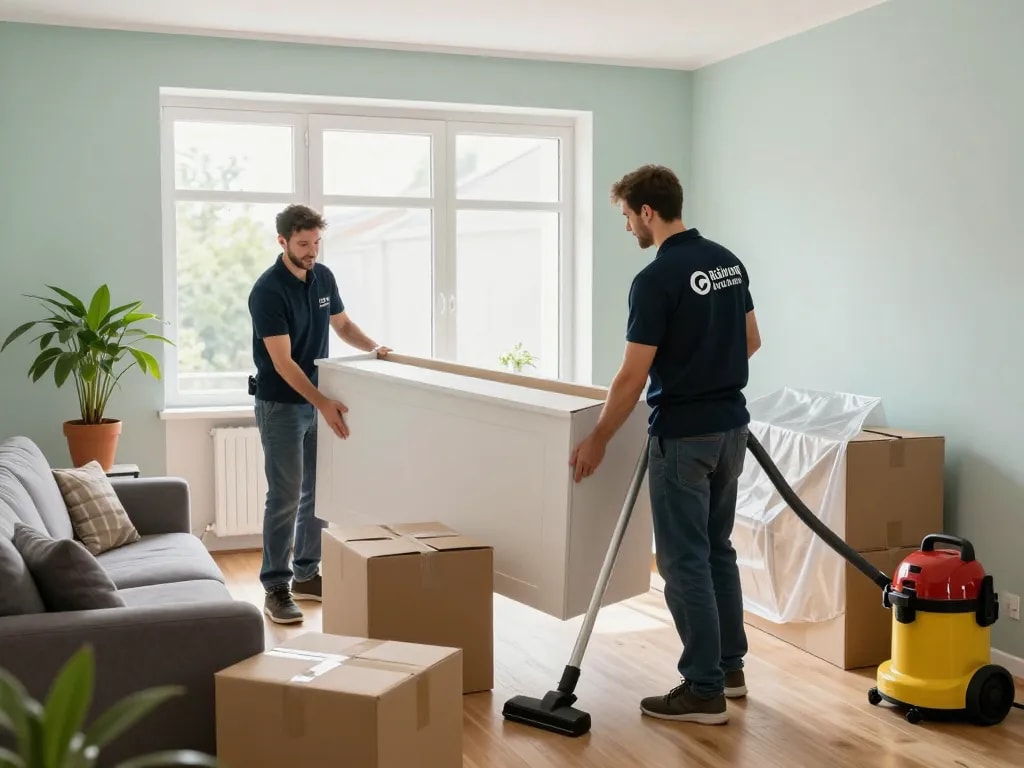 Professionelles Räumung Wien Team entfernt Möbel sorgfältig in einer hellen, organisierten Wohnung.