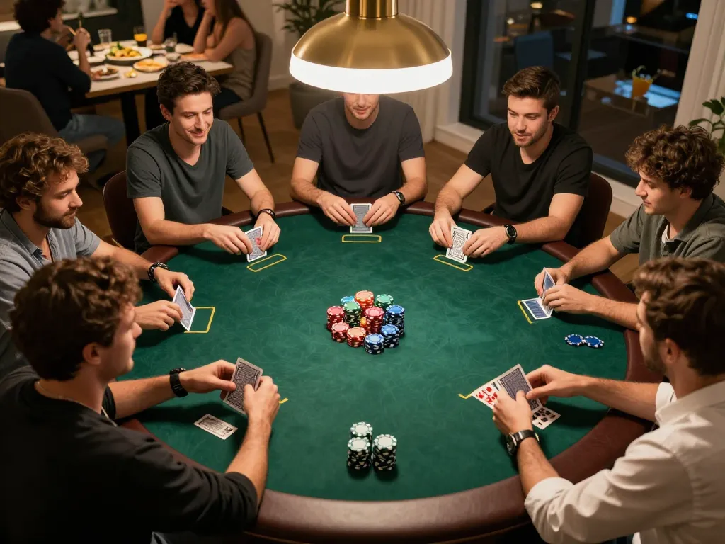 Permainan poker yang menarik dengan teman di rumah, menampilkan strategi permainan dan kebersamaan dalam suasana santai.