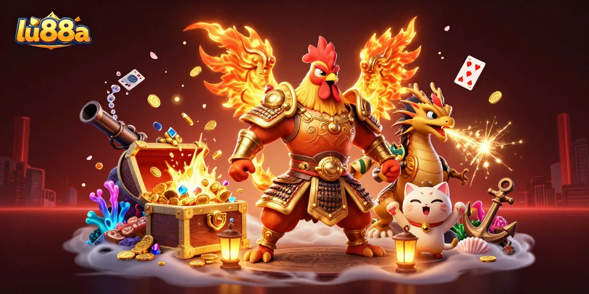Experience the thrill with lu88a’s cartoon rooster warrior amidst gold coins and vibrant gems in this exciting casino scene.