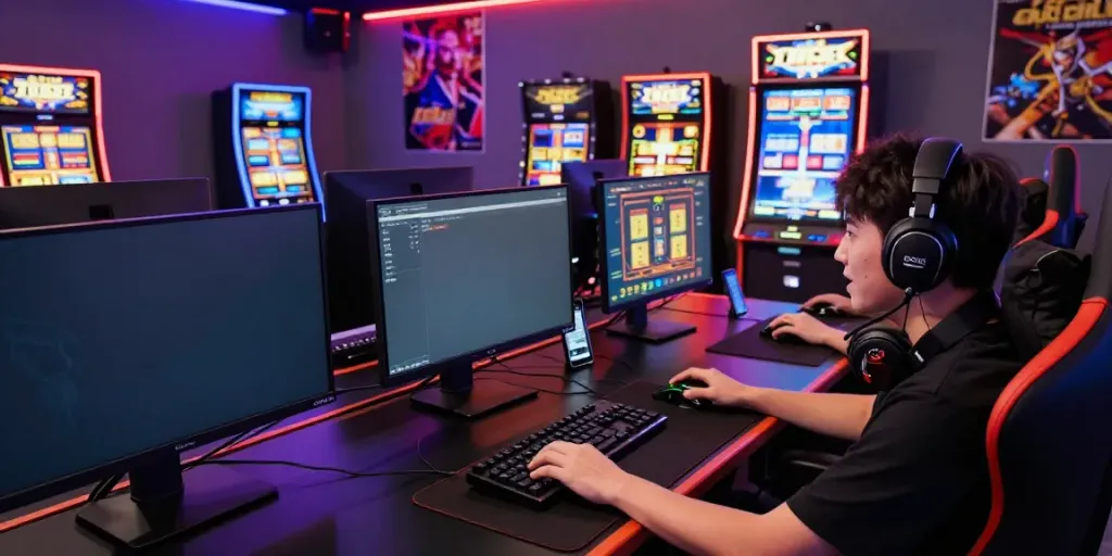 Gamer fokus pada taruhan online di ratutogel link dengan layar penuh permainan slot dan togel.