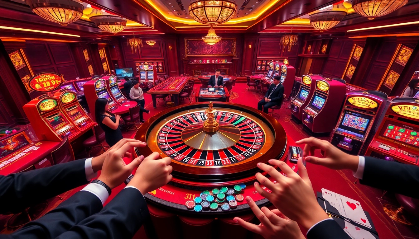 Experience the thrill of 'nha cai uy tin' with vibrant players at a roulette wheel in an exciting casino.