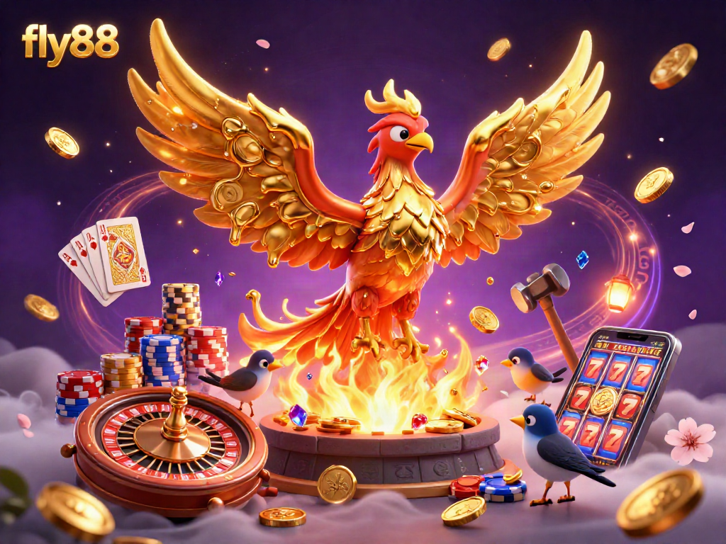 Experience fly88's vibrant casino scene with molten phoenix, coins, and dynamic game elements.