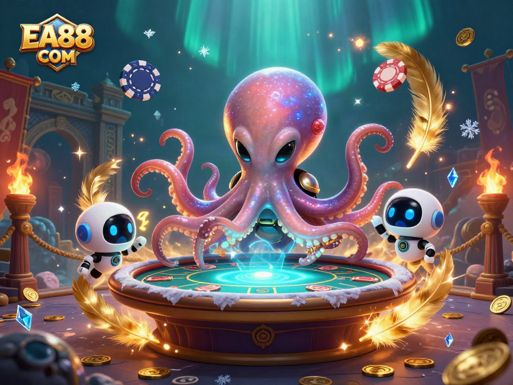 Immerse in EA88 COM's vibrant universe as the alien octopus plays poker amidst swirling casino elements.