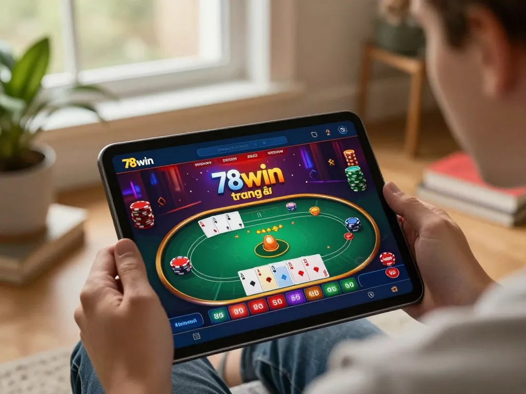 Player enjoying the trang chủ 78win gambling app on a tablet with colorful poker interface and warm home lighting.