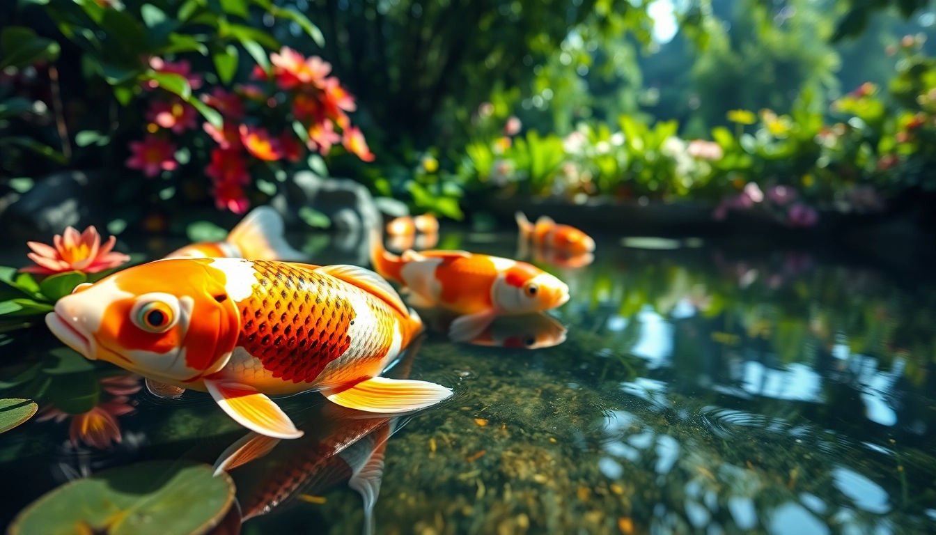 Melihat koi toto yang indah di kolam taman yang tenang