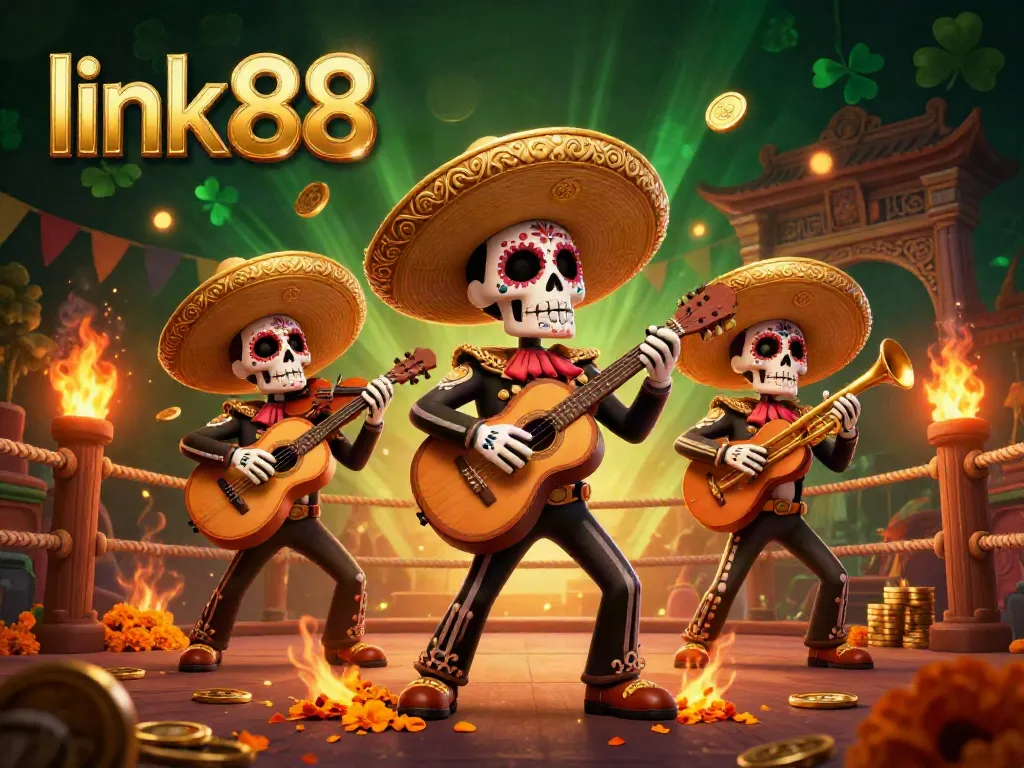 Experience excitement with link go88 through a festive mariachi band amidst casino-themed elements.