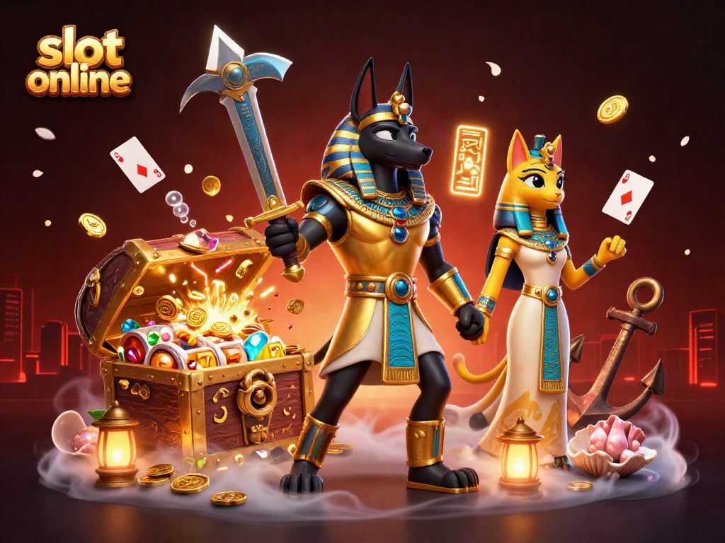 Putar slot online dengan Anubis dan Bastet yang dikelilingi simbol jackpot.