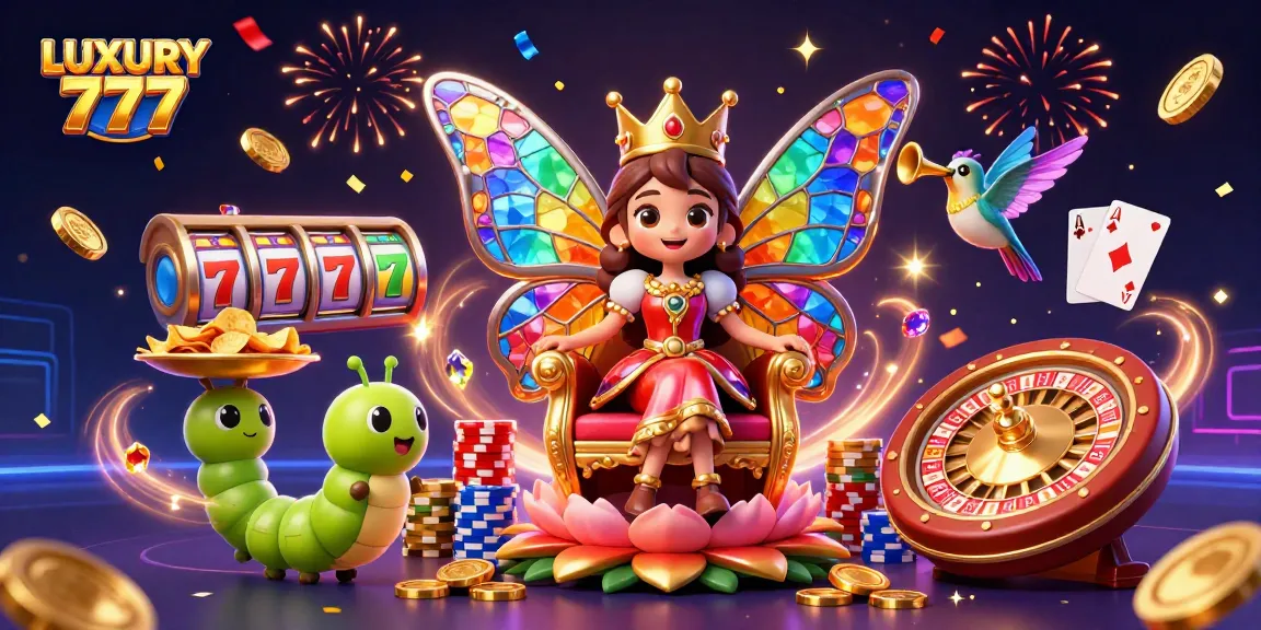 Mainkan LUXURY 777 dengan ilustrasi ratu kupu-kupu di atas takhta, dihiasi koin emas dan simbol permainan yang menggoda.