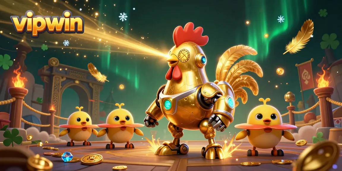 Engage with vipwin's thrilling casino world where laser-shooting robots and baby chick drones surround a vibrant betting arena.