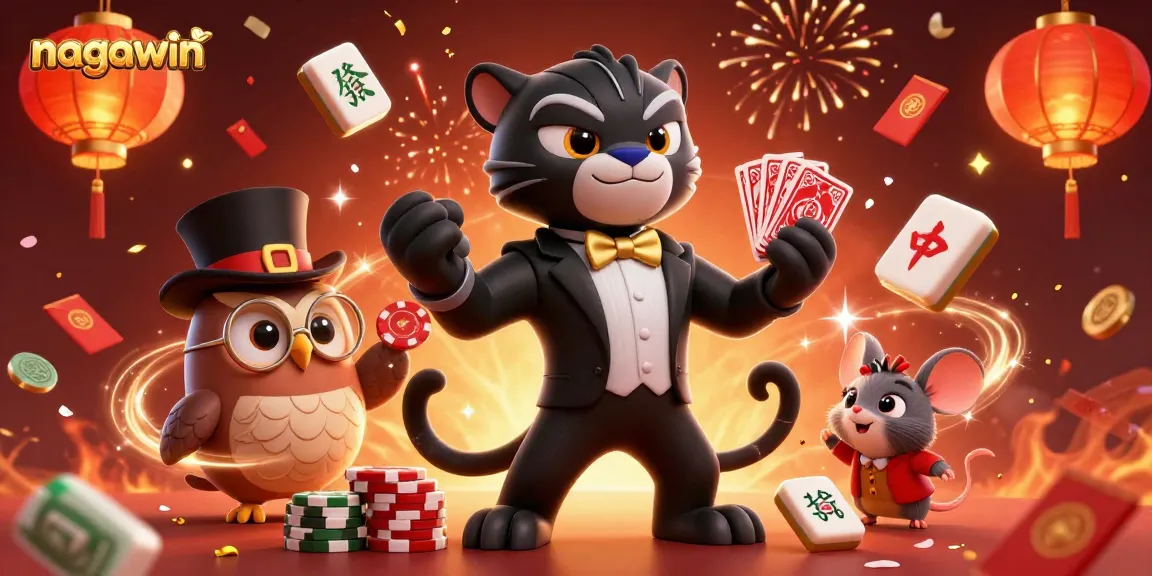 Nagawin showcases an elegant panther dealing cards, owl with poker chips, and lucky mouse in a vibrant casino setting.