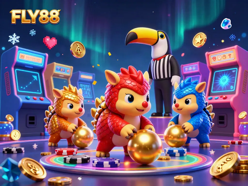Experience FLY88 as rival pangolins roll golden balls through poker chips in an exciting 3D casino.