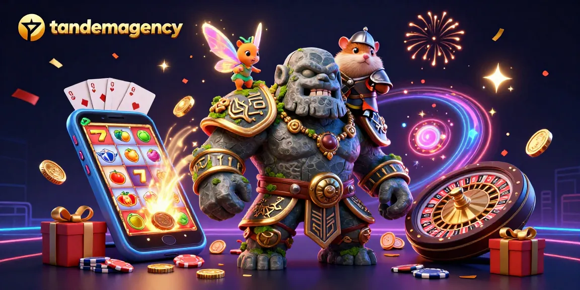Engage with tandemagency's captivating scene featuring a magical golem, fairy, and hamster knight among vibrant casino elements.