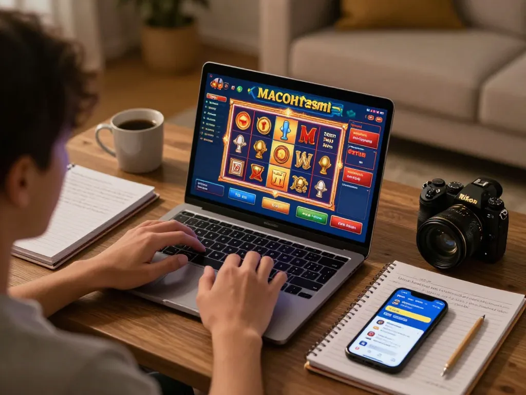 Engaging with slot macau resmi during online gaming session, showcasing strategy notes and cozy atmosphere.