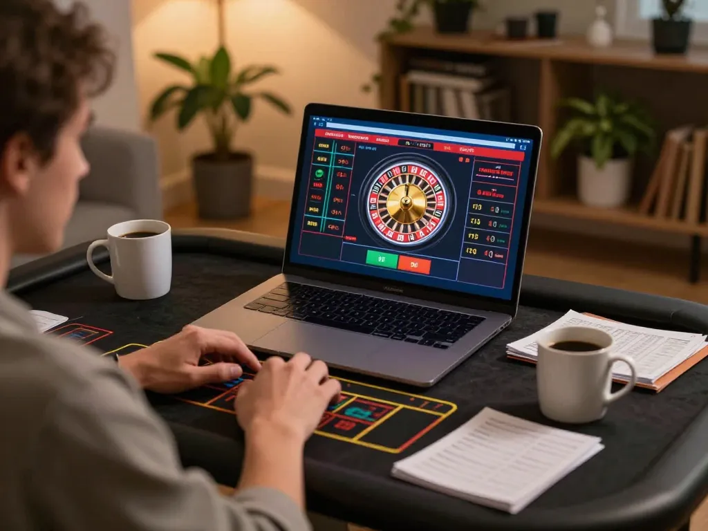 Kuwin player engaging in live dealer roulette at home with laptop and betting notes.