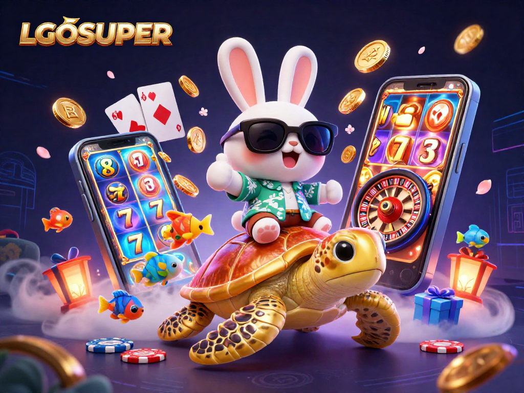 Join the fun with LGOSUPER, as the lucky rabbit and golden turtle celebrate wins in this vibrant casino scene.