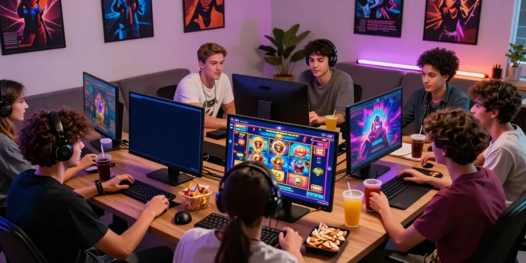 ASLOTRE permainan slot online seru dengan teman-teman di ruang santai.