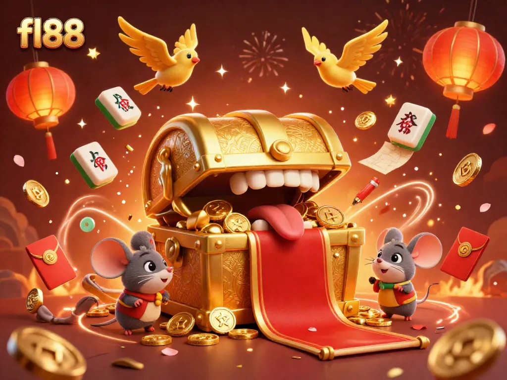 Experience the excitement of fl88 casino with a vibrant illustration of a treasure chest luring in adventurer mice amidst festive gaming elements.