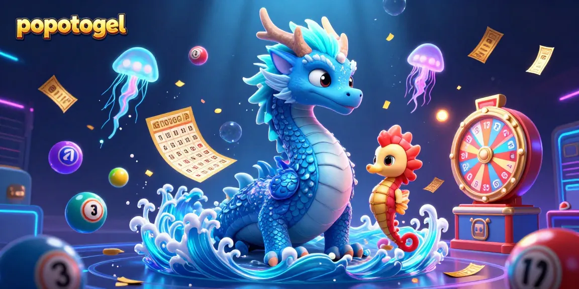 Experience the thrill of popotogel with vibrant lottery elements, dragon, and knight in a dynamic casino scene.