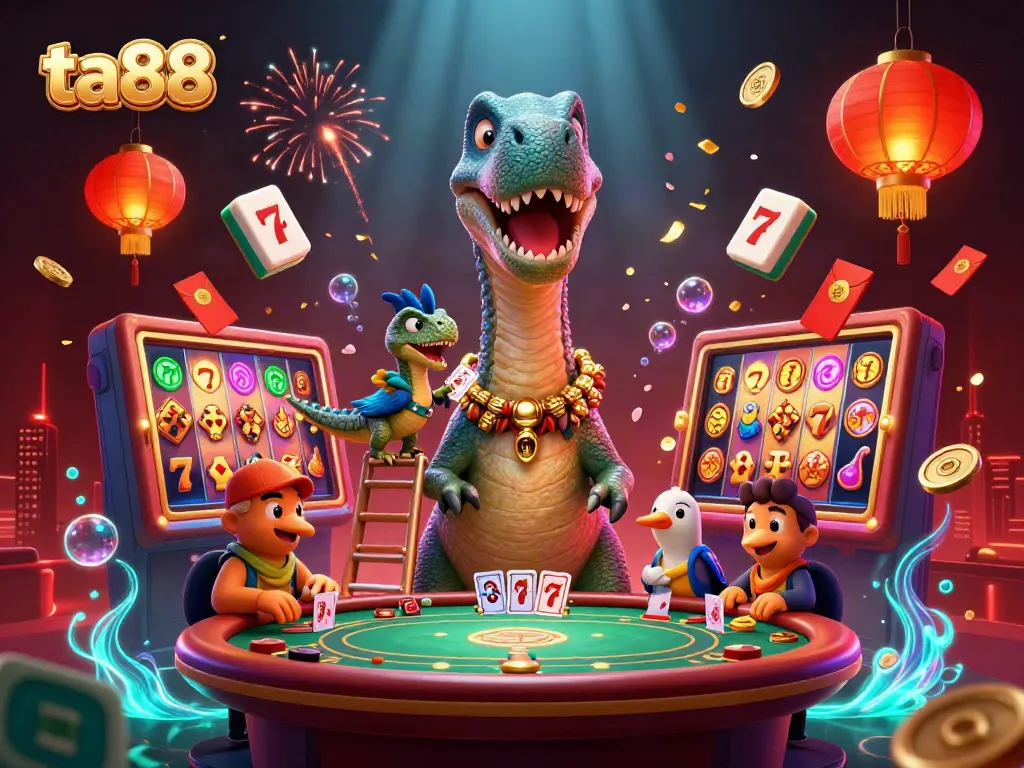 Engage with the thrilling ta88 casino scene featuring a brontosaurus and dynamic gaming elements.