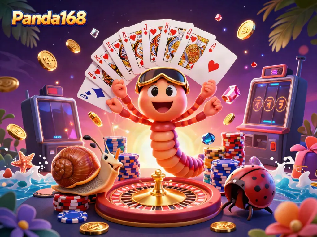 Panda168 menawarkan dealer kartun unik dikelilingi poker dan koin emas, menciptakan suasana kasino yang energik.