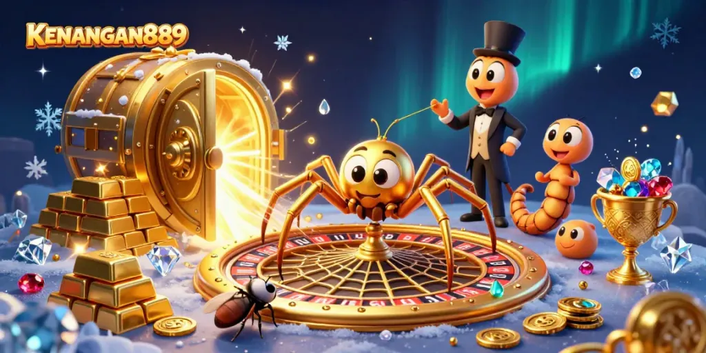 KENANGAN889 showcases a golden spider and a centipede croupier in a vibrant casino scene of spinning wheels and treasures.