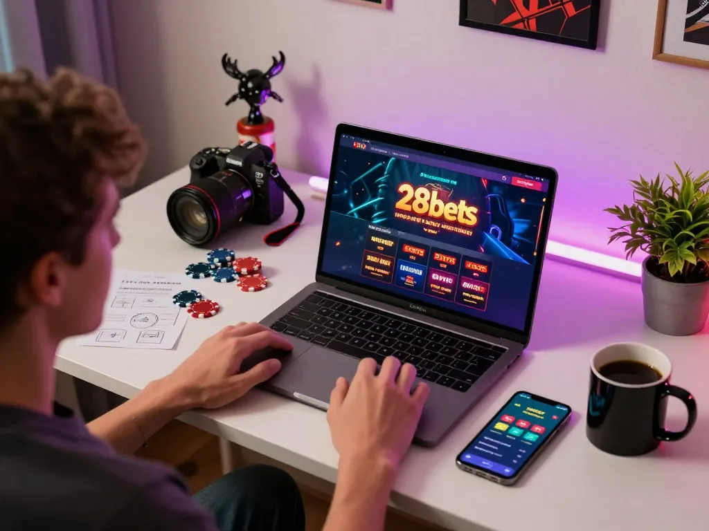 Person engaging with 28bets casino on laptop in a cozy gaming setup, illustrating strategic online gambling.