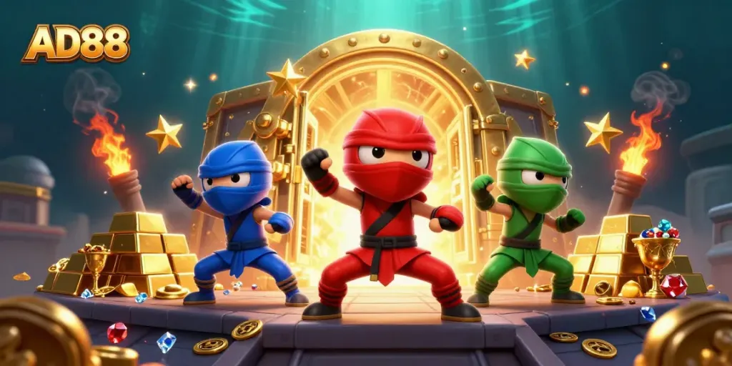 Experience thrilling gameplay at AD88 with ninja chameleons and treasures in a dynamic casino setting.