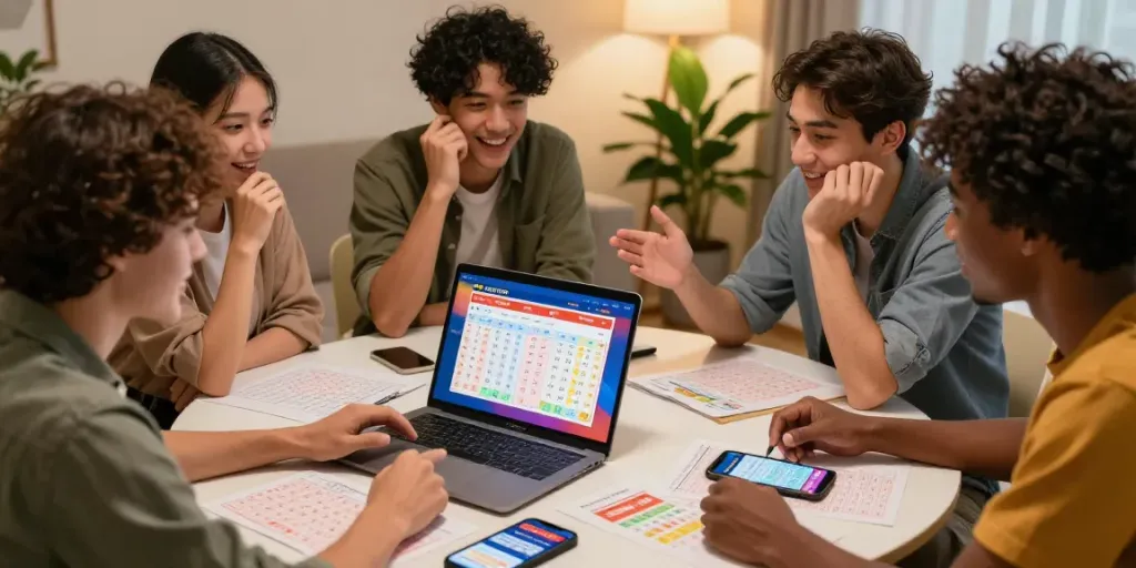 Kelompok teman yang antusias mendiskusikan prediksi togel di SKINTOTO dengan catatan dan smartphone, menunjukkan suasana yang hangat dan strategis.
