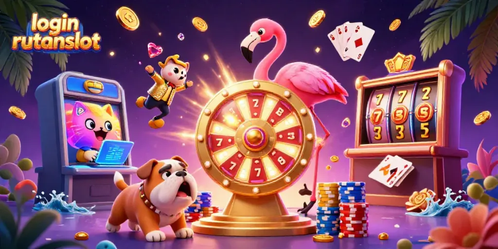 Permainan slot online login rutanslot dengan karakter menarik, koin emas, dan suasana kasino penuh warna.