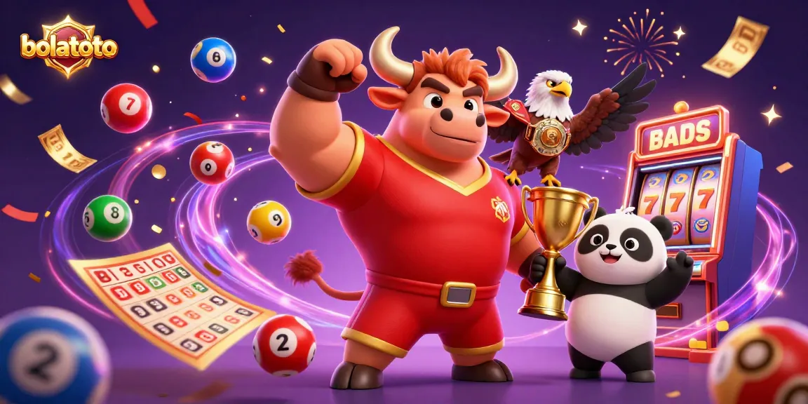 Bolatoto showcases a thrilling casino scene with joyful characters celebrating gaming success amidst vibrant slot machine elements.