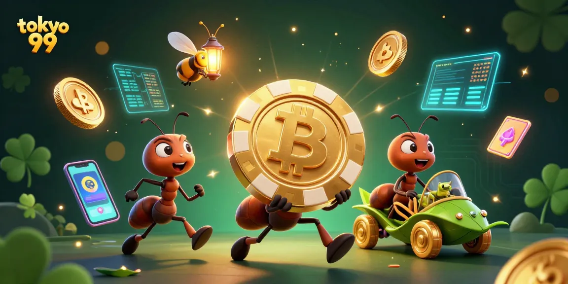 Permainan seru di tokyo 99 dengan chip poker emas dan karakter kartun di latar belakang menarik.