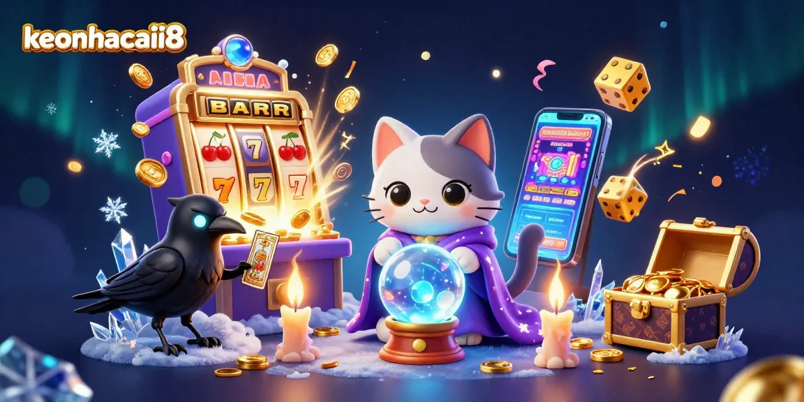Engage in thrilling slots at keonhacaii8 with a vibrant casino scene featuring fortune tellers and jackpots.