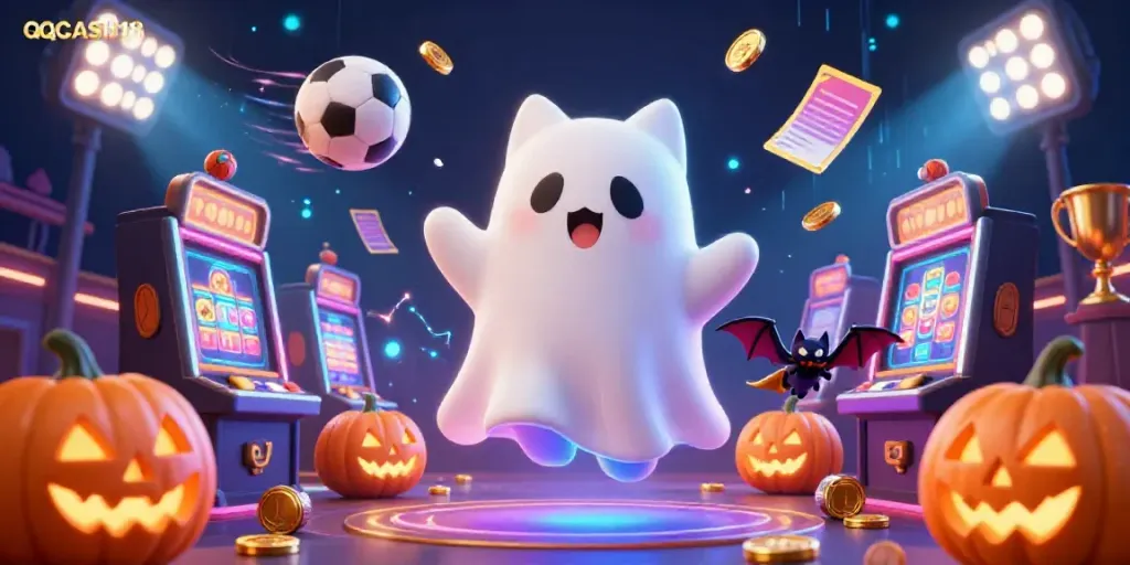 Experience thrilling gameplay at QQCASH188 with a vibrant haunted casino scene showcasing energetic gaming elements.