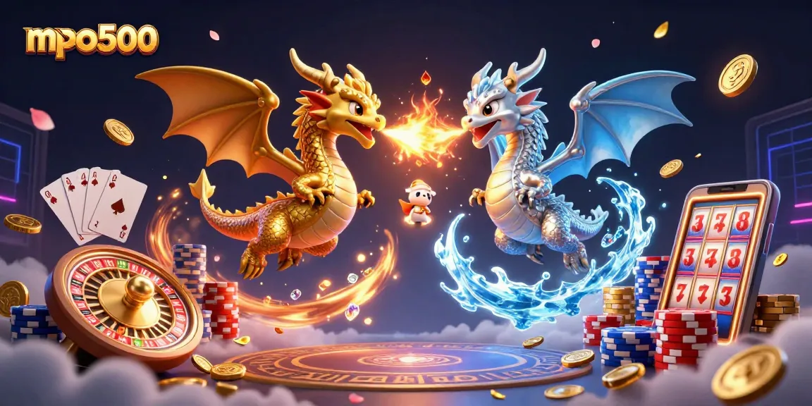 Menang di mpo500 dengan ilustrasi kasino kartun 3D menakjubkan dari naga yang berputar.