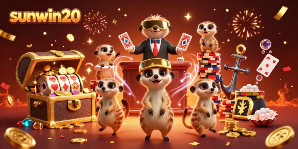 Experience the thrill of the casino with sunwin20's diverse gaming options featuring a vibrant meerkat scene.