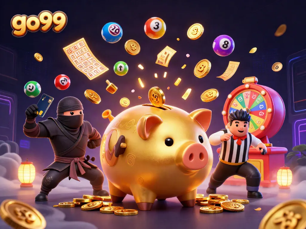 Experience exciting moments with go99 as the golden piggy bank sumo wrestler stomps and sends coins flying in this vibrant casino scene.