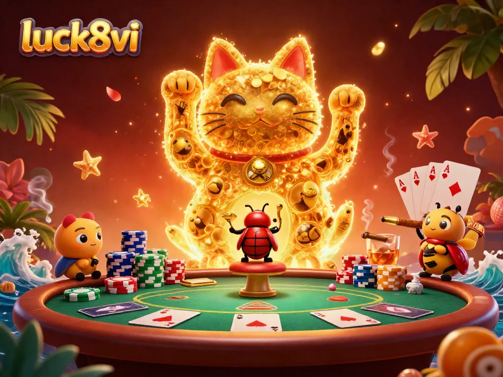 Engage in fun gaming at luck8vi with a dynamic scene of a lucky cat and casino elements.