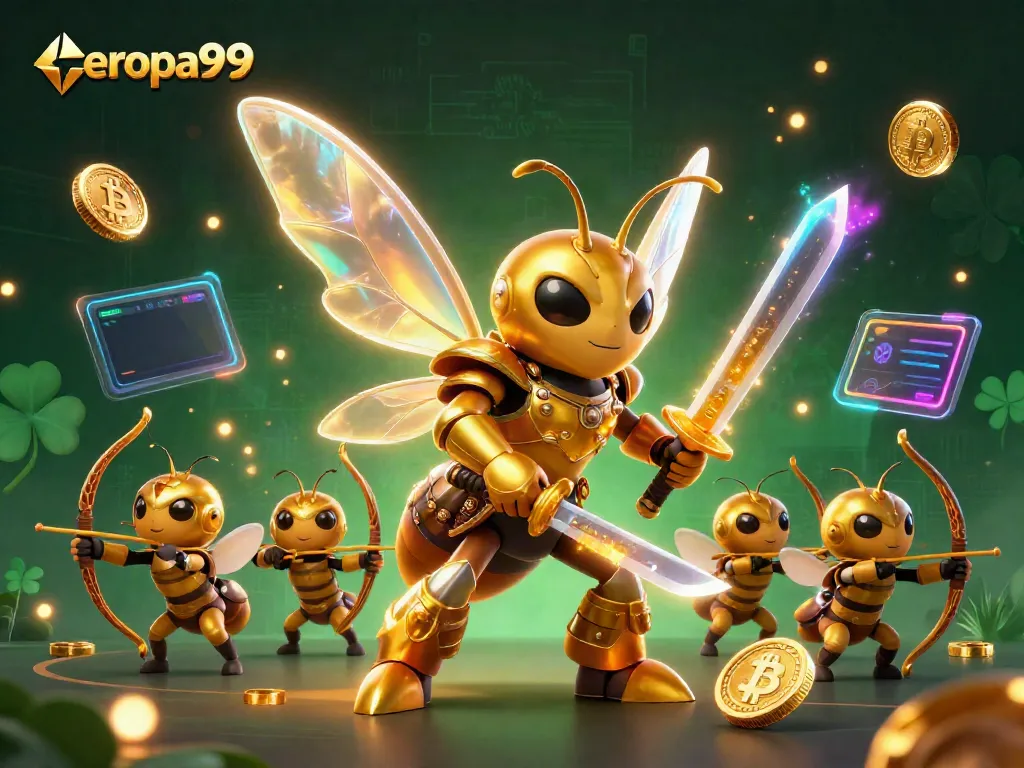 Gambarkan eropa99 dengan ratu lebah emas raksasa mengenakan armor samurai, dilengkapi simbol kasino dan koin crypto.