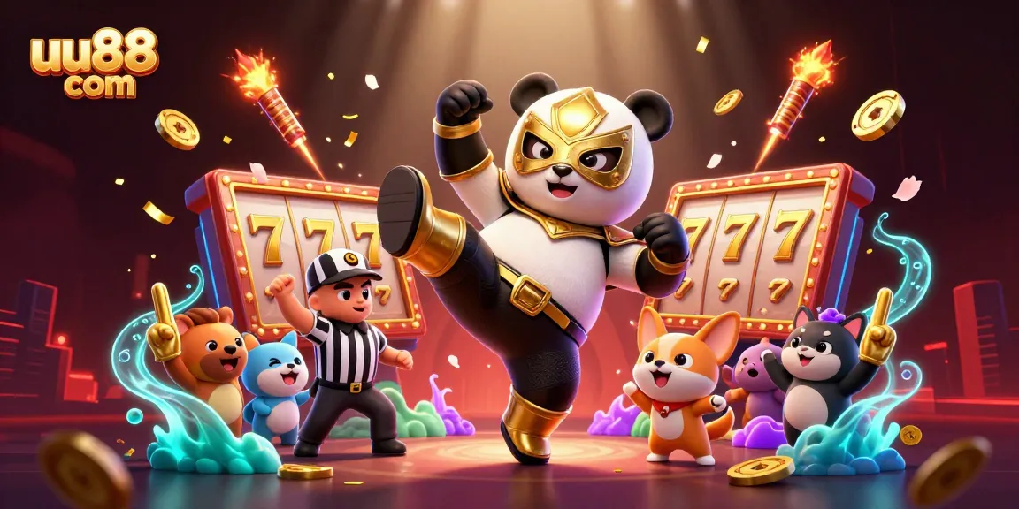 Experience thrilling gaming action with uu88 com featuring exciting slot reels and animated characters!