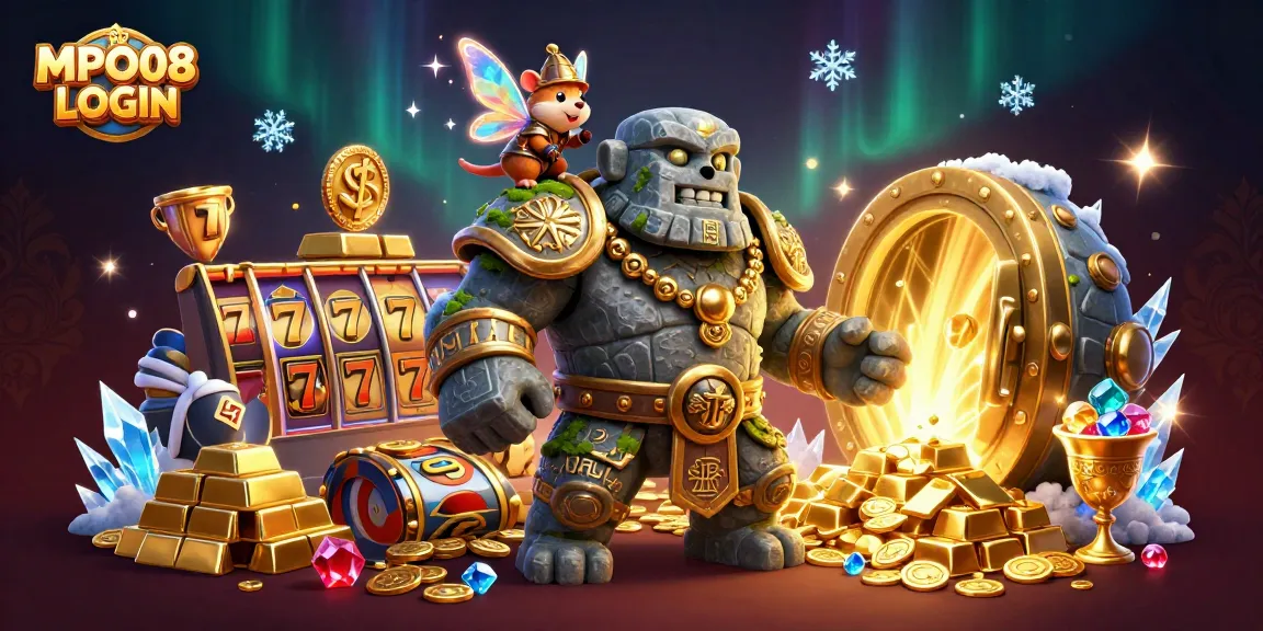 MPO08 LOGIN as players engage with slot reels and golden treasures in a vibrant online casino scene.