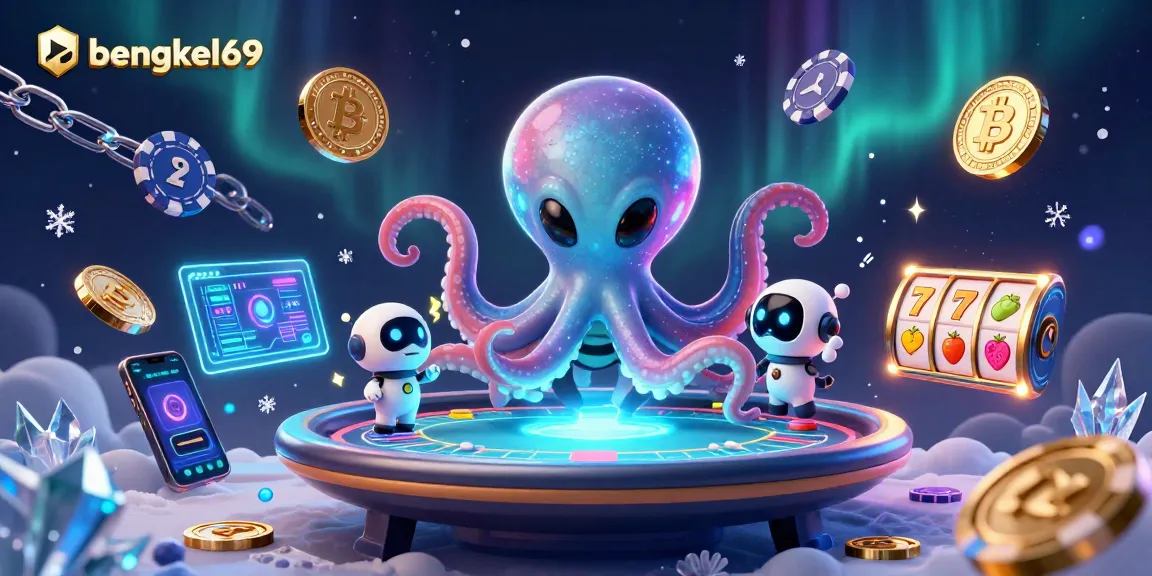 Bengkel69 alien octopus animatedly playing on a holographic poker table while surrounded by crypto elements.