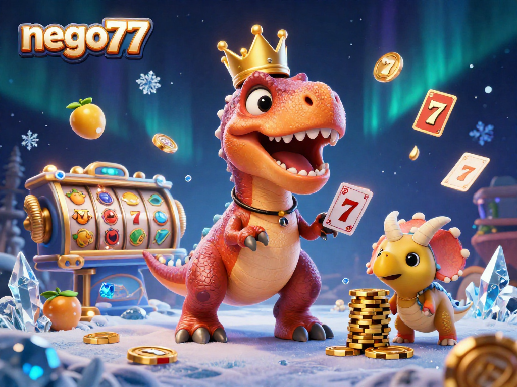 Experience exciting gameplay with nego77 as T-Rex shuffles cards and a triceratops stacks chips in a vibrant casino scene.